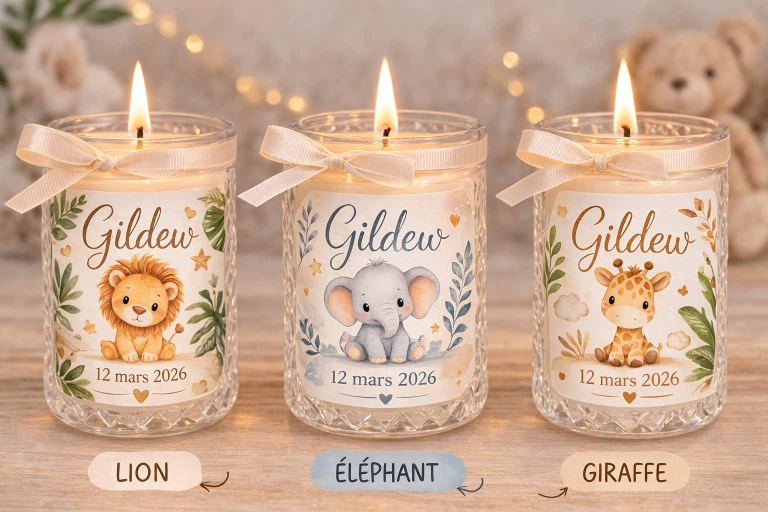 Bougie de naissance personnalisée – Animaux tendresse